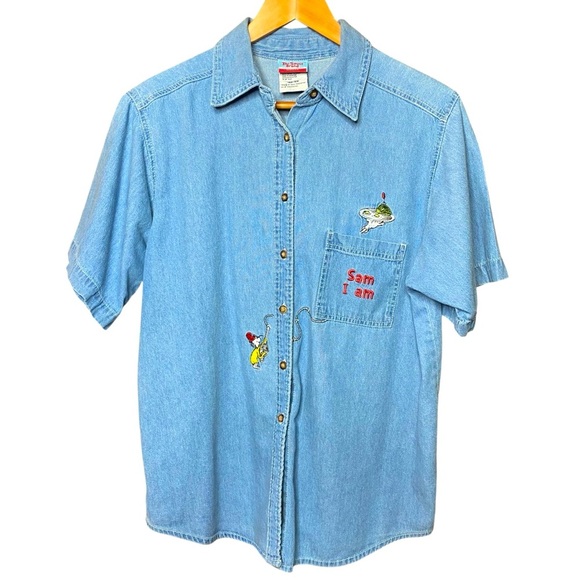 Dr Seuss vintage blue soft,thin,Sam I am denim short sleeve shirt SZ-q14/16 - Picture 1 of 8
